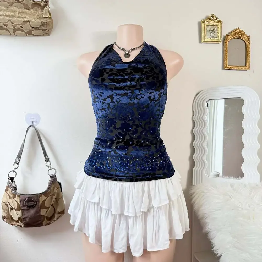 Y2K Blue Velvet Burnout Halter Top Goth Fairy Top